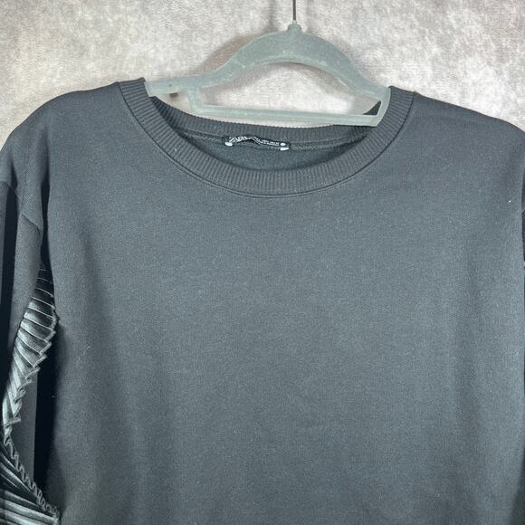 Zara Sweatshirt Womens Large Black Satin Ruffle Trim Sleeve Crew Neck Pullover - Picture 2 of 8